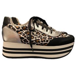 FRAU Sz 38/8 Black Rocker Léopard Leather Glitter Platform Italian Lux Sneakers